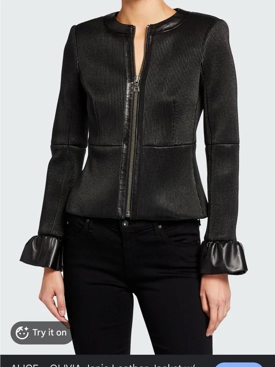 Alice + Olivia Black Ribbed Zip-Front Jacket with Leather Trim