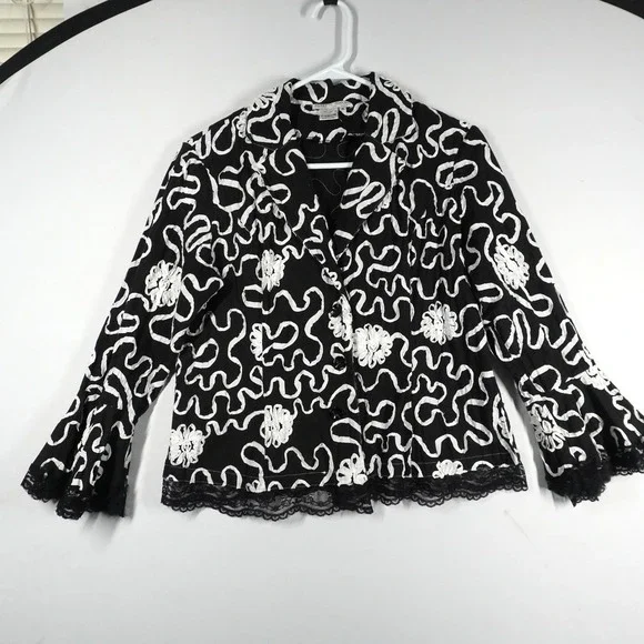 VTG Alberto Makali Black White Floral Soutache Lace Trim Bell‎ Sleeve Jacket 8