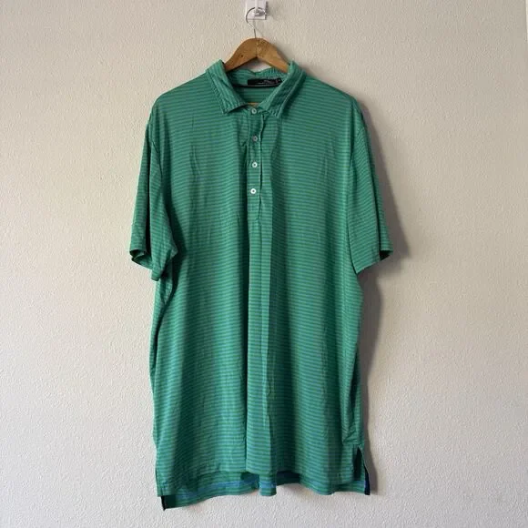 RLX Ralph Lauren Polo Shirt Mens 2XL Green Blue Striped Golf Short Sleeve