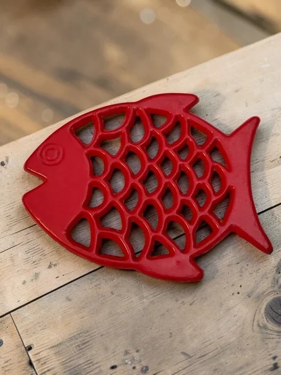 Vintage Fish-Shaped Red Cast Iron Trivet With Rubber Feet For Kitchen Or Table D