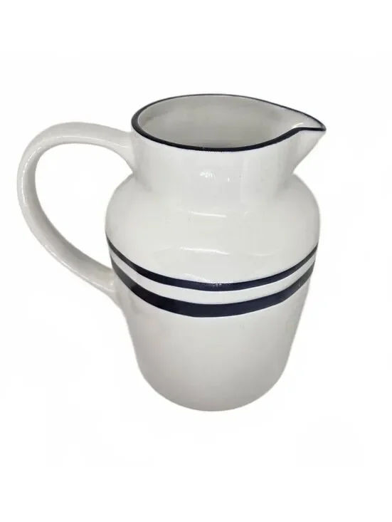 Ashland Ceramic Pitcher White W/ Blue Stripes 7.5