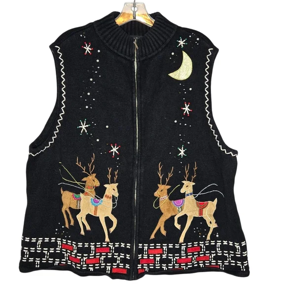 Studio Joy Sweater Vest Womens 3X Black Reindeer Holiday Christmas Ugly Zip Knit