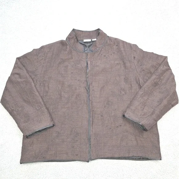 Chicos Jacket Womens  XL Brown Embroidered Cotton Silk Blend Boho Chic‎