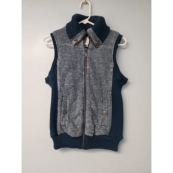 Green‎ Tea Womens M Sweater Knit Vest Full Zip Teal Green Cream