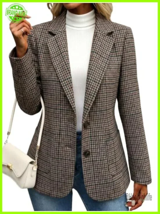 Tweed Houndstooth Blazer Fully Lined Slim Fit Work Jacket with Pockets