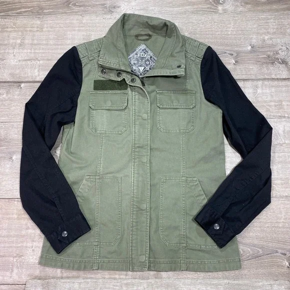 Fox‎ Jacket Women Large Green Black Utility Field Military Full Zip Moto Coat