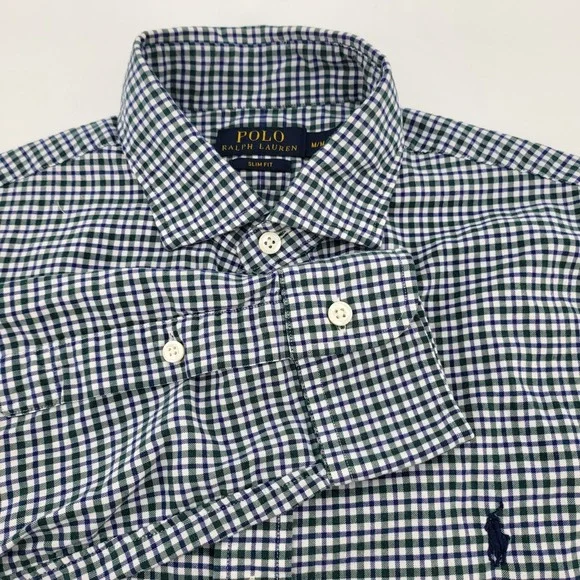 Polo Ralph Lauren Slim Fit Mens Green Blue White Long Sleeve Plaid Shirt‎ Medium