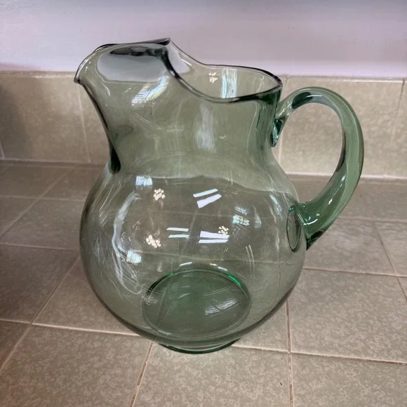 Vintage Sage Green Glass Pitcher Round Hand Blown Water Carafe with Handle 9