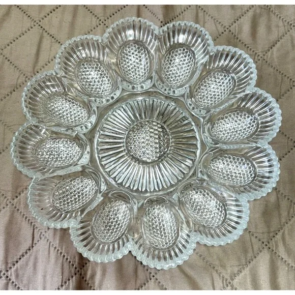 Vintage Clear Pressed Glass Deviled Egg Platter Hobnail Sunburst Serving Tray