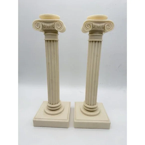 2 Alabaster Carved Roman Columns Corinthian Sculpture Candle Holders 15.5”x5”