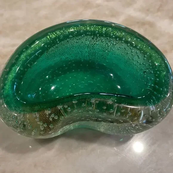 Vintage Murano glass candy dish Green with gold beautiful  bean shaped