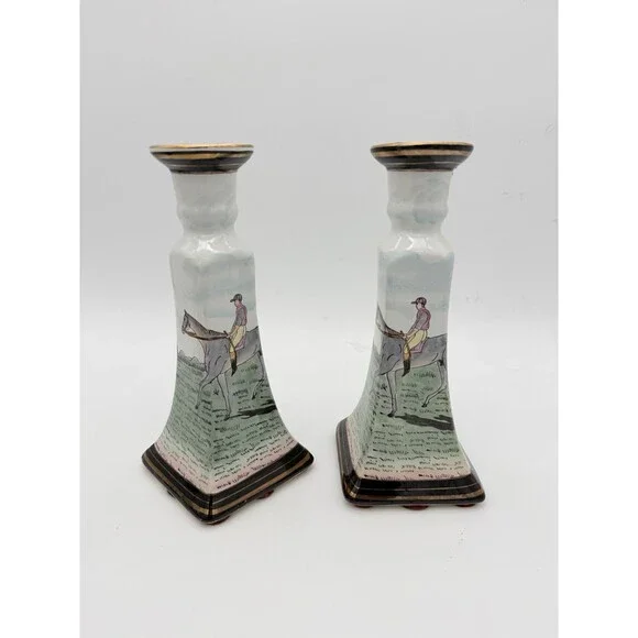 Vintage Chinese Equestrian Hand-Painted Porcelain Candle Holder by Nieman Marcus