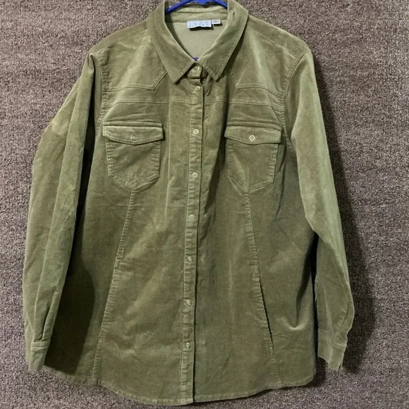 Joan Rivers Olive Green Corduroy Shirt Jacket XL New No Tags Shacket Western Cut