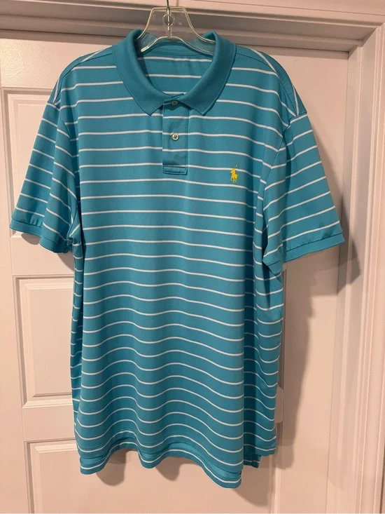 Ralph Lauren Turquoise and White Striped Polo with Yellow Logo