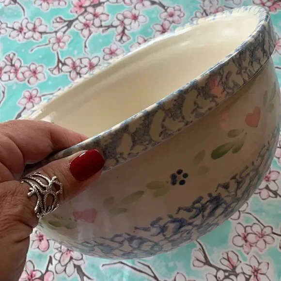 Blue Spongeware Large Mixing Bowl Pottery Floral Stencil