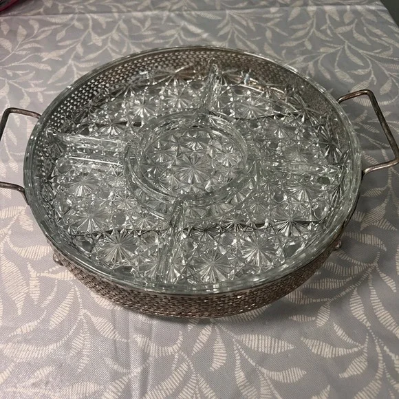 Vintage Glass Divided Relish Tray with Silver Tone Metal Caddy Starburst Pattern