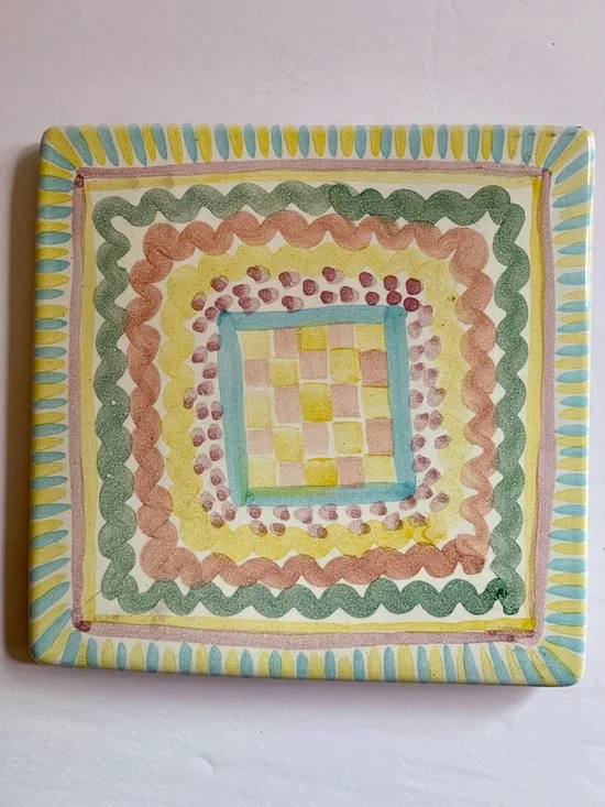 Vintage MacKenzie-Childs Hand-Painted Trivet | 5.75” Square | Cork Back
