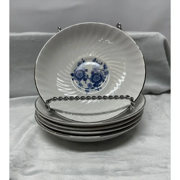 Enoch Wedgwood Royal Blue Ironstone Saucers‎ Set of 5 Floral Swirl White Blue