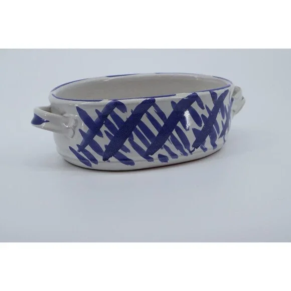 Signed Studio Pottery Oval Baker Blue White Crosshatch Ceramic Dish 1970s