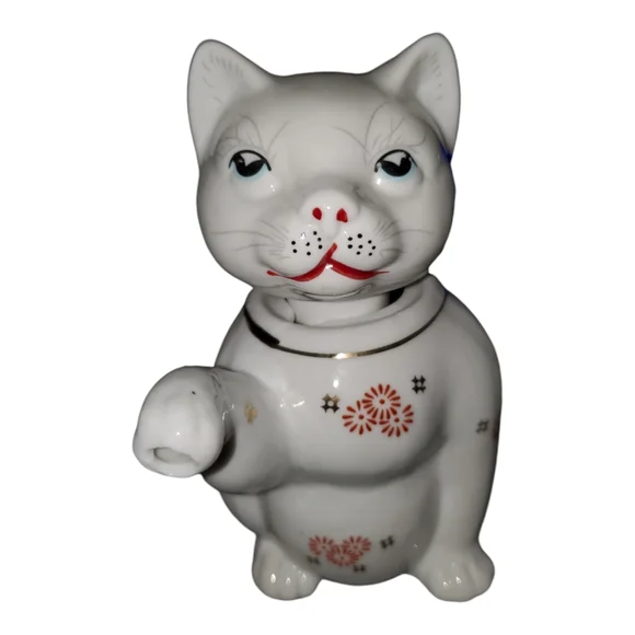 Vintage White Ceramic Kitty Cat Single Serve Tea Pot or Creamer Red Flow…