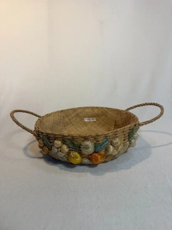 MCM Vintage Woven Raffia Fruit Basket Philippines Casserole Holder 9