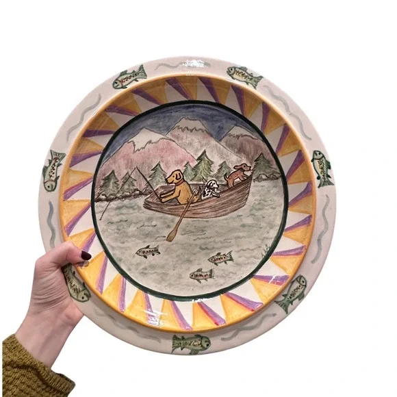 Hand Painted Fishing Dogs Decorative Ceramic Platter Trout Cabin Western‎ Plate