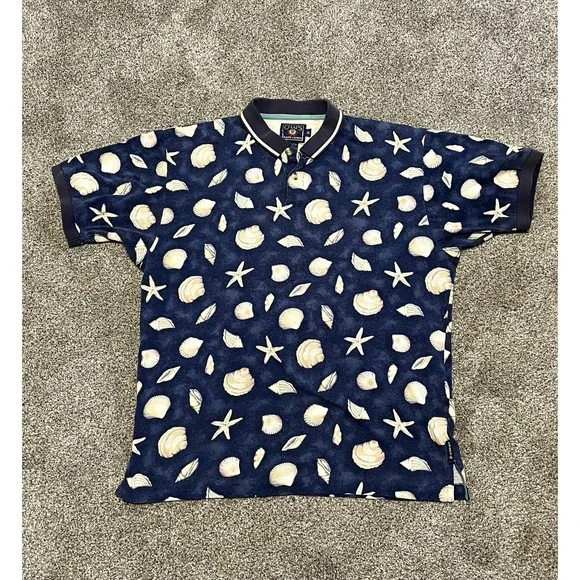 Vintage Chaps Ralph Lauren Mens‎ Polo XL Island Beach Seashell AOP Navy Blue