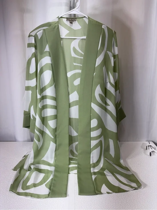 Open-Front Olive & White Patterned Kimono Jacket 3130
