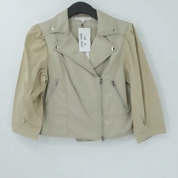 Melissa Nepton Clover Jacket Womens M Khaki Beige Faux‎ Leather Puff Sleeve Moto