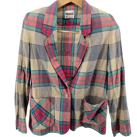 Vintage Country Suburbans Plaid Blazer USA‎ Made Casual Career One Button sz10