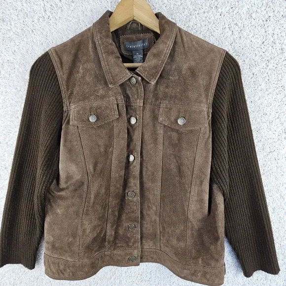 Relativity Leather Suede Button Up Jacket W/ Knit Sleeves Women's XL Chocolate‎