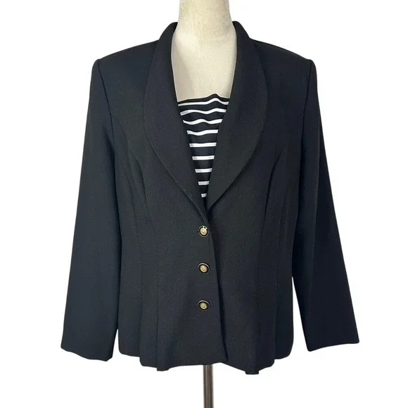 Vintage Virgo Petite‎ Black Blazer Business Career Gold Buttons Womens 14 Petite
