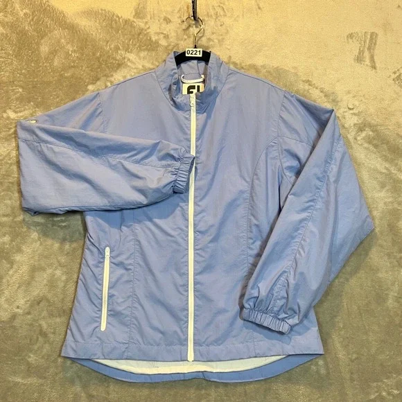 FJ FootJoy Windbreaker Jacket Women's Medium Blue Rain Zip Up Front Pockets Golf