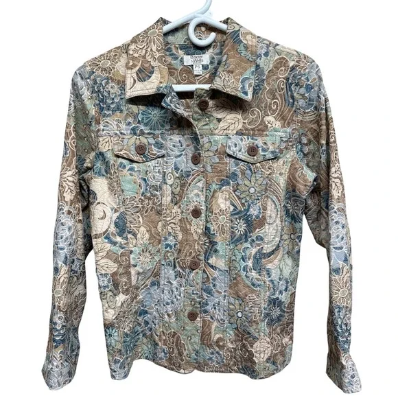 Baxter Wells Petite Women's Floral Print Denim Jacket Size PS Beige‎ Blue Teal