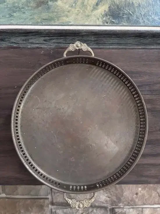 Vintage Round Brass Serving Tray with Pierced Gallery Edge and Floral Handles