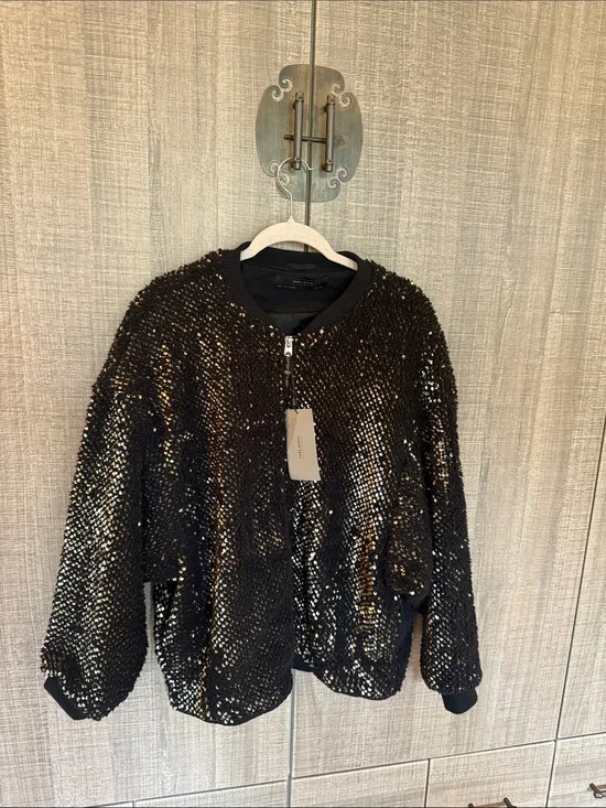 Zara Black And‎ Gold Sequin Bomber Jacket.