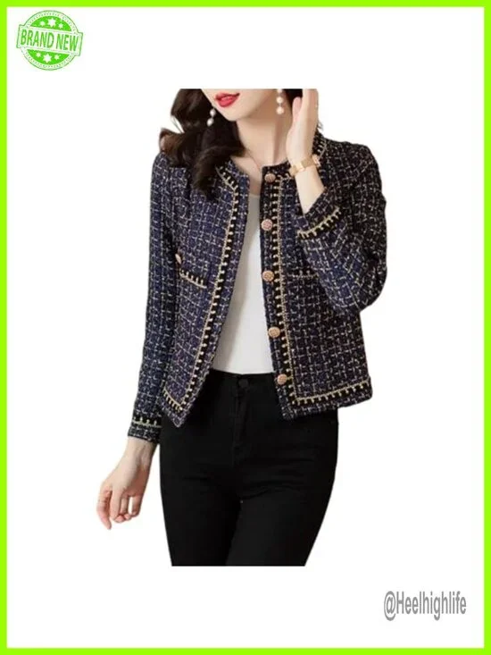 Elegant Tweed Blazer Jacket - Long Sleeve Round Neck Business Casual Short Coat