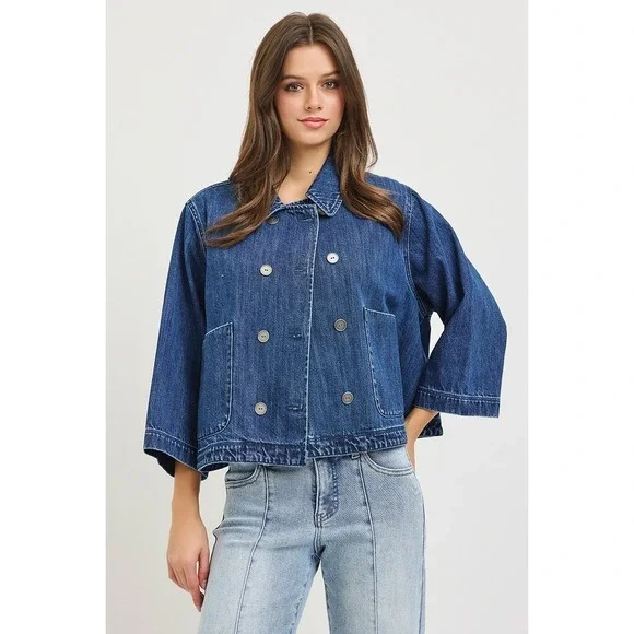 RISEN Double-Breasted Flowy Cropped Denim‎ Jacket - Large