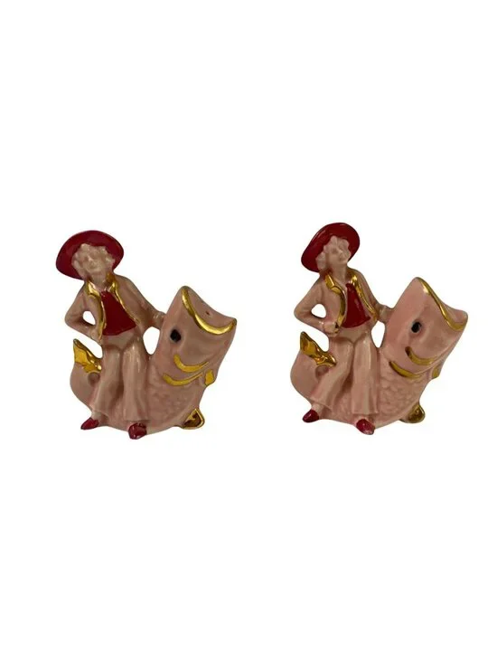 Vintage Cowgirl & Koi Pink Fish Salt Shakers Ceramic Gold Accents Rare 1940's