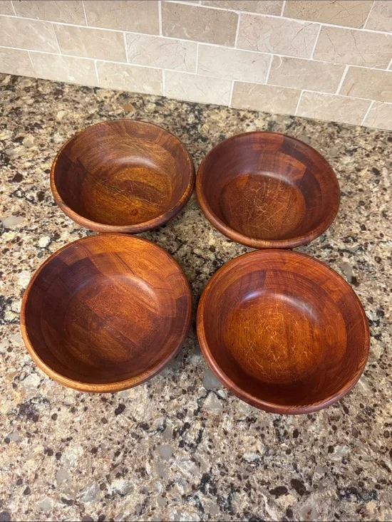 Vintage Cherry Wood Serving Bowls set of 4 - Warm Brown