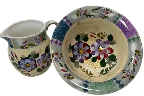 Gibson Elite Hand Painted Floral Pitcher & Wash Basin Bowl Set Cottage Garden