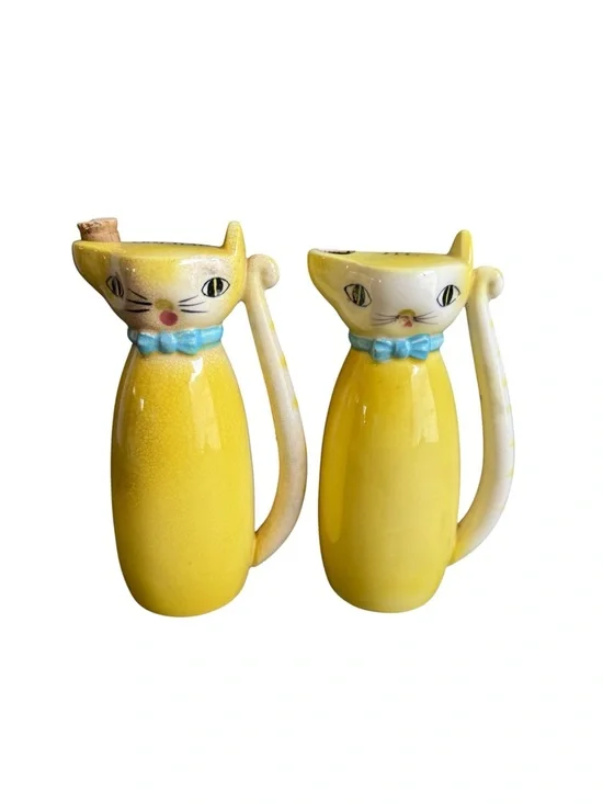 Lipper Mann Yellow Cat Cruet Set Oil Vinegar Anthropomorphic Vintage 50s