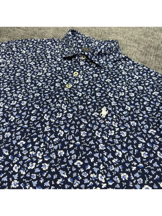 Polo Ralph Lauren Polo Shirt Mens M Custom Slim Fit Blue White Floral AOP Preppy
