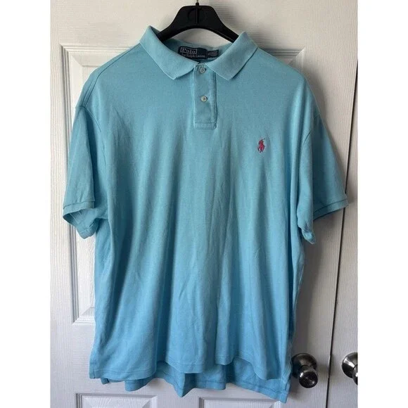 Polo Ralph Lauren Mens XL Aqua Blue Short Sleeve Cotton Polo Shirt Pink Pony