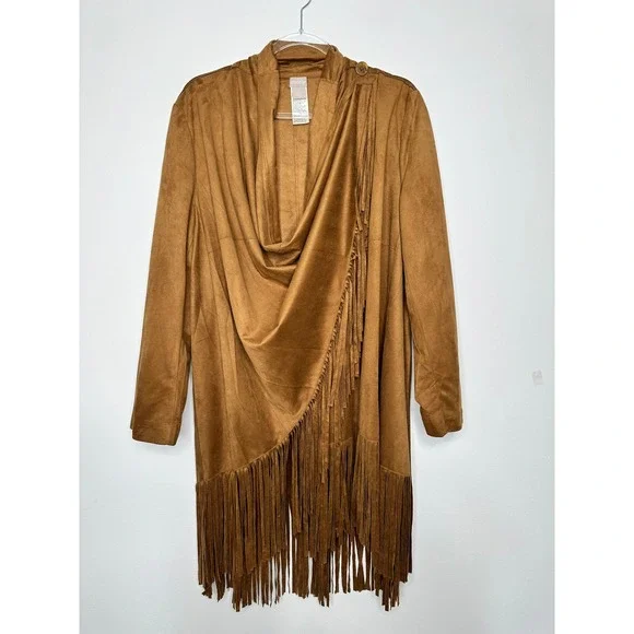 Chicos Faux Suede Fringe Wrap Jacket Cognac Brown Size 3 XL 16/18 Western Boho