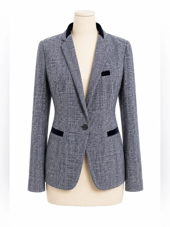 Boutique Tweed Blazer Navy Black Velvet Trim Tailored Career Jacket Size 6