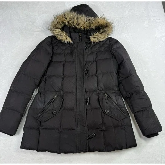 Lauren Ralph Lauren Puffer Down Jacket Womens Small Black‎ Quilted Fur Trim Hood