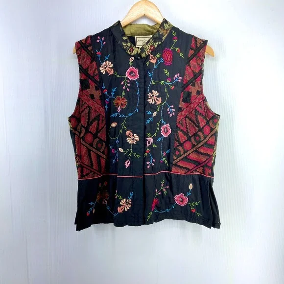 April Cornell Black‎ Multi Color Embroidered Flower Tapestry Vest Womens Large