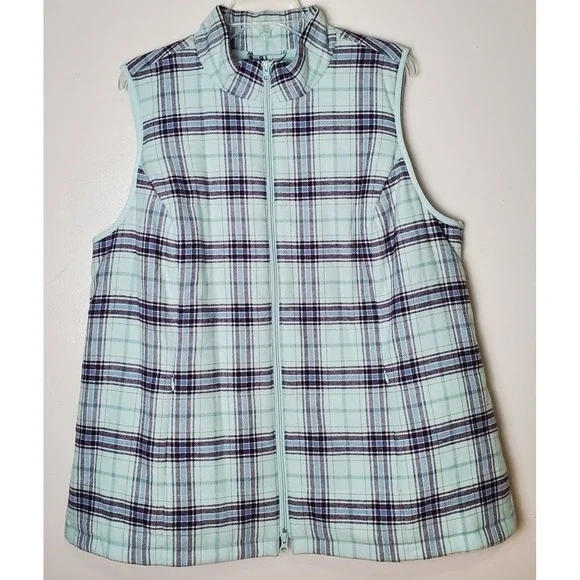 J Jill Women's XL‎ Plaid Flannel Fleece Lined Long Vest Full Zip Pastel Spring