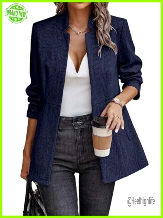 Women's Open Front Herringbone Blazer - Long Sleeve Business Casual Work